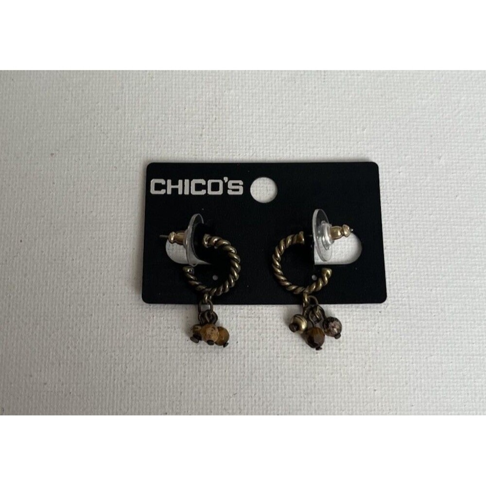 Chico's Small Brass Tone Metal Beaded Cluster Twisted Hoop Earrings Boho